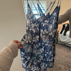 Beachy blue and white ROMPER. Cute for coverup. Palm print